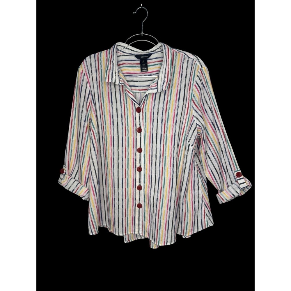 Ali Miles Tunic Top XL Button Up Blouse  Multicolored Stripes Relaxed Fit Cotton